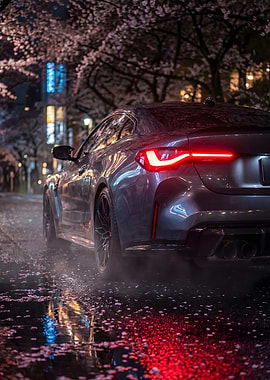 Bmw M4 Car Cherry Blossoms at Night