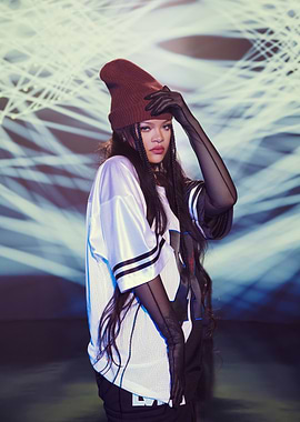 Rihanna in a beanie and athletic wear