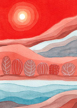 Abstract Desert Landscape with Sun and Water