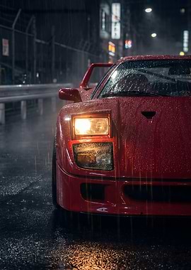 Red Ferrari F40 in Rain