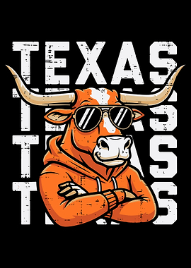 Texas Longhorn Poster, Cool Bull Graphic Art, Retro Orange Hoodie Wall Print