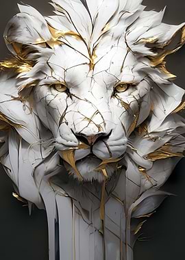 Cracked White Lion Sculpture with Gold Accents
