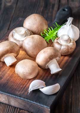 Mushrooms and Garlic on Cutting Board