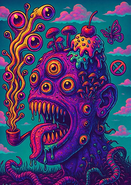 Psychedelic Monster with Eyes and Mushrooms