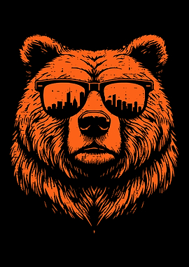 Urban Bear Poster, Cool Cityscape Sunglasses Art, Distressed Orange Bear Wall Print