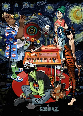 Gorillaz Band in Starry Night Style painting
