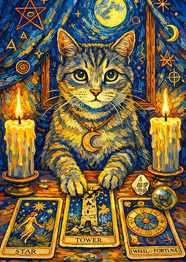 Mystical Cat with Tarot Cards