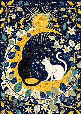 Celestial Cats on Crescent Moon
