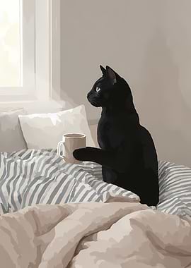 Black cat with coffee mug