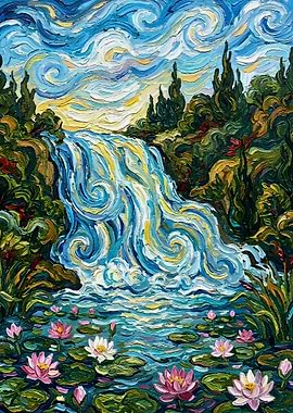 Impressionistic Waterfall with Water Lilies