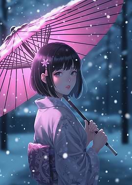 Anime Girl in Snow with Pink Umbrella