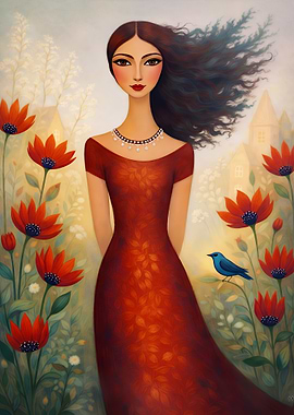 Woman in Red Dress with Flowers and Bird