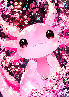 Cute Pink Axolotl with Cherry Blossoms