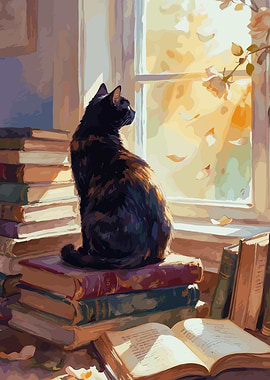 Cat sitting on books by the window
