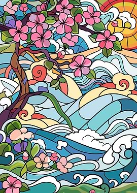 Stained Glass Cherry Blossoms and Waves