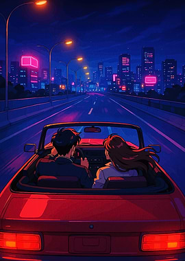 Couple driving in a retro convertible at night