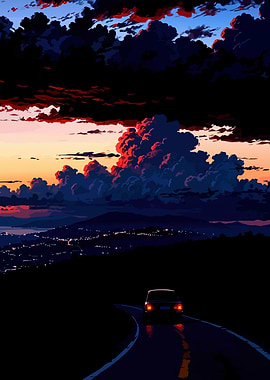 Car driving on road at sunset