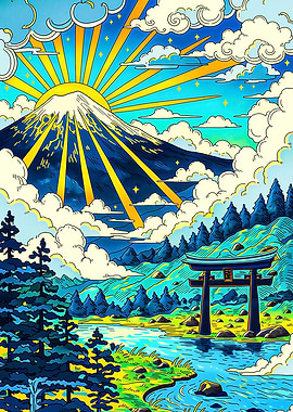 Sunrise over Mount Fuji with Torii Gate