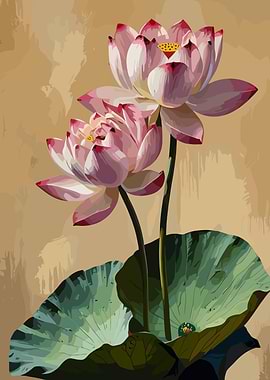 Two Pink Lotus Flowers and Leaves