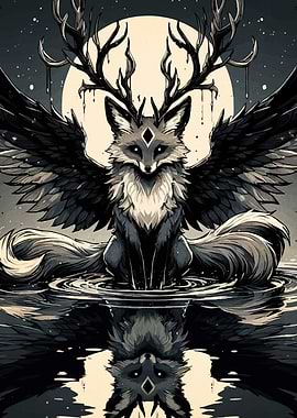Mythical Winged Fox with Antlers