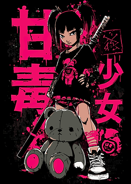 Anime Girl with Katana and Teddy Bear