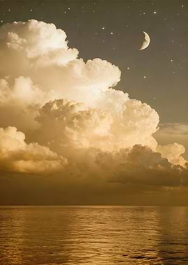 Golden Clouds Over the Ocean at Night