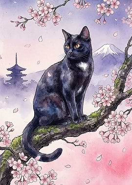 Black Cat in Cherry Blossoms – Japanese Watercolor Mount Fuji Art