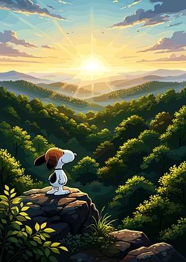 Snoopy enjoys a sunrise over mountains