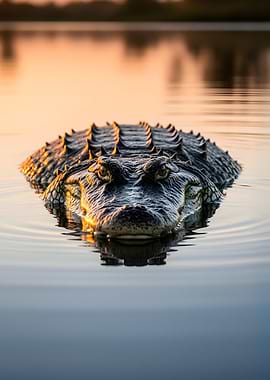 Alligator in calm water at sunset