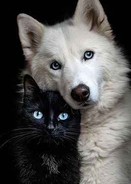 Black Cat and White Husky with Blue Eyes