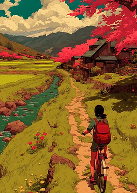 Girl cycling through a scenic Japanese landscape