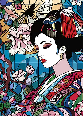 Geisha in Stained Glass Style