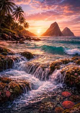Tropical Sunset Over Rocky Coastline