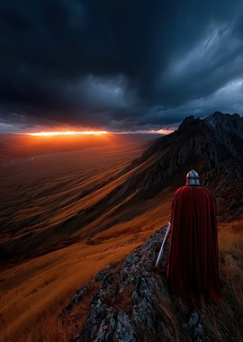 Warrior overlooking a dramatic sunset landscape