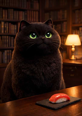 Chubby Black Cat in Luxury Japanese Library with Sushi 3D