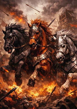 War Horses Charging Through Fire