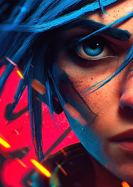 Close-up of a character with blue hair