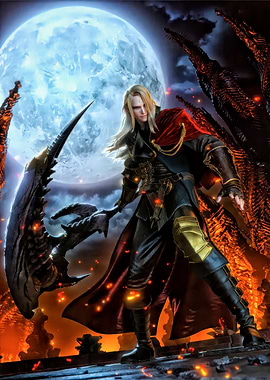 Fantasy warrior with scythe under moon