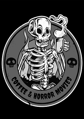 Skeleton Drinking Coffee and Watching Horror Movies