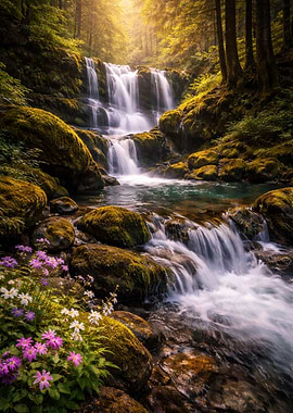 Enchanting Forest Waterfall with Wildflowers