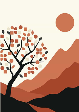 Minimalist Tree and Mountains Landscape