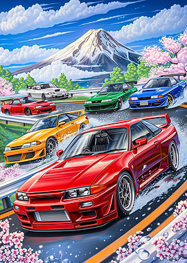 Japanese Sports Cars Racing with Mount Fuji