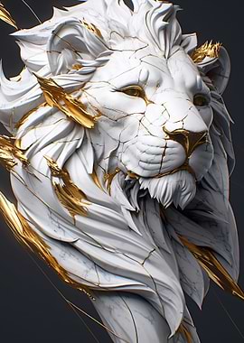 Cracked Marble Lion with Gold Accents
