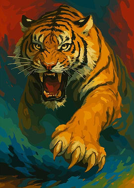 Roaring Tiger Poster, Fierce Wildlife Art Print, Powerful Tiger Wall Art Decor