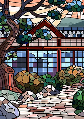 Stained Glass Japanese Garden Scene