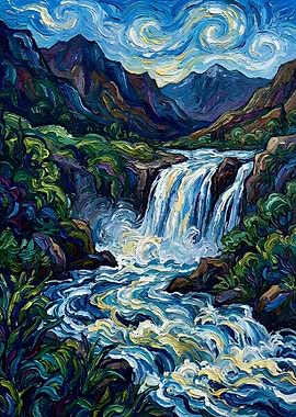 Vibrant Waterfall Landscape Painting