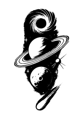 Cosmic Scene with Planets and Black Hole