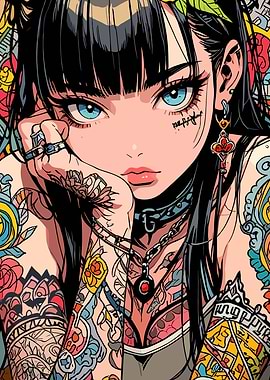 Tattooed Anime Girl with Blue Eyes