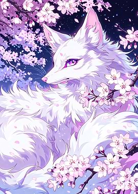 White Fox with Cherry Blossoms