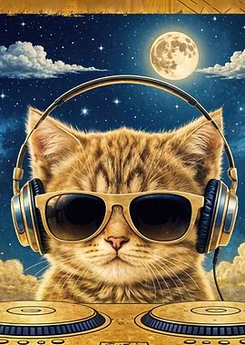 DJ Cat with Headphones and Sunglasses